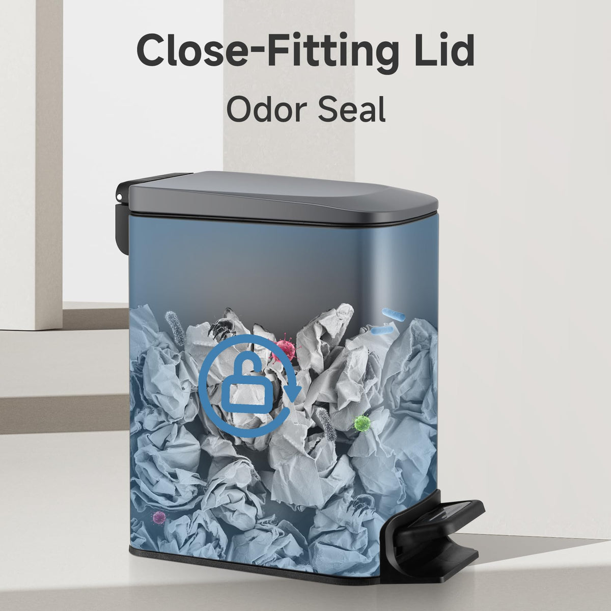 TIPGO Slim trash can in grey suitable for kitchen, bedroom, and office.