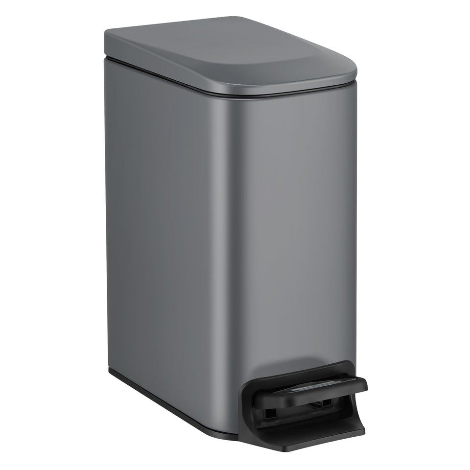 TIPGO Slim trash can lid-soft-close in grey, quiet operation for bathrooms.