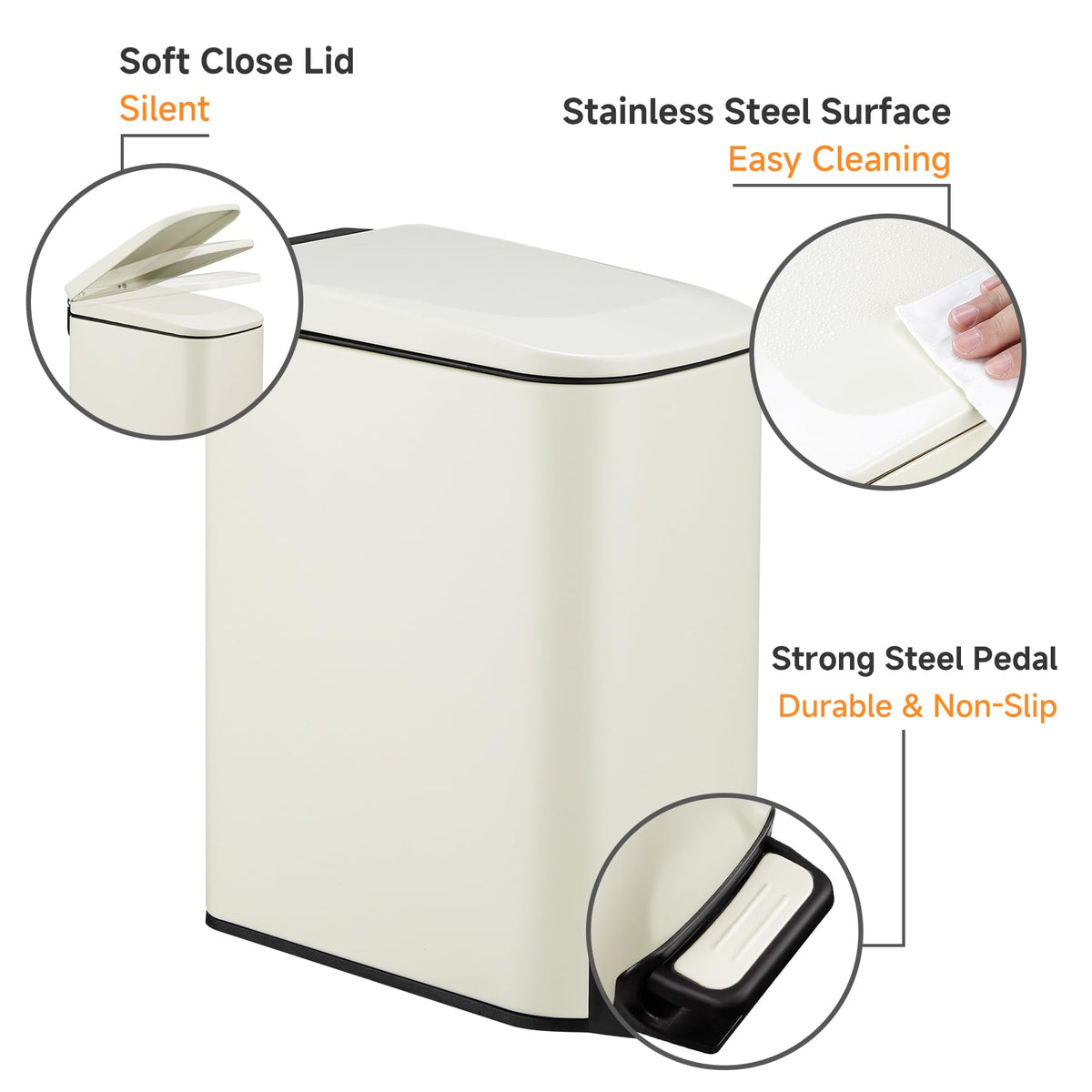 TIPGO Slim trash can stainless body offers durable, easy cleaning