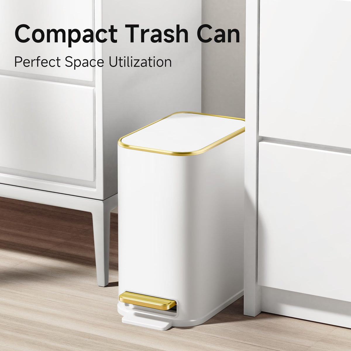 TIPGO slim white trash can fits tight corners while maintaining a sleek look.