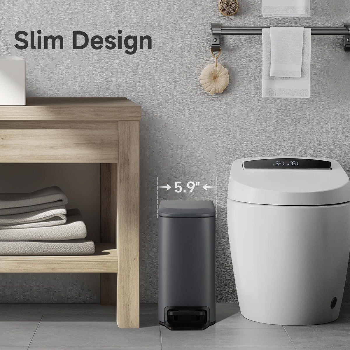 TIPGO Slim trash can foot-pedal design for smooth, simple use.
