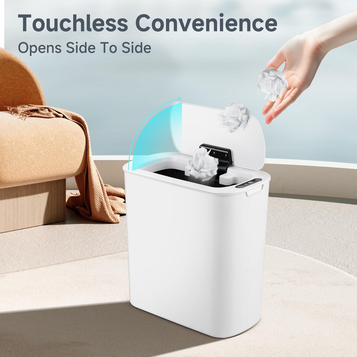 Tipgo white finish trash bin suits modern interiors