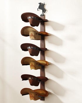 TIPSYTREE cowboy hat rack wall assembly shows a 3-panel setup holding six hats.