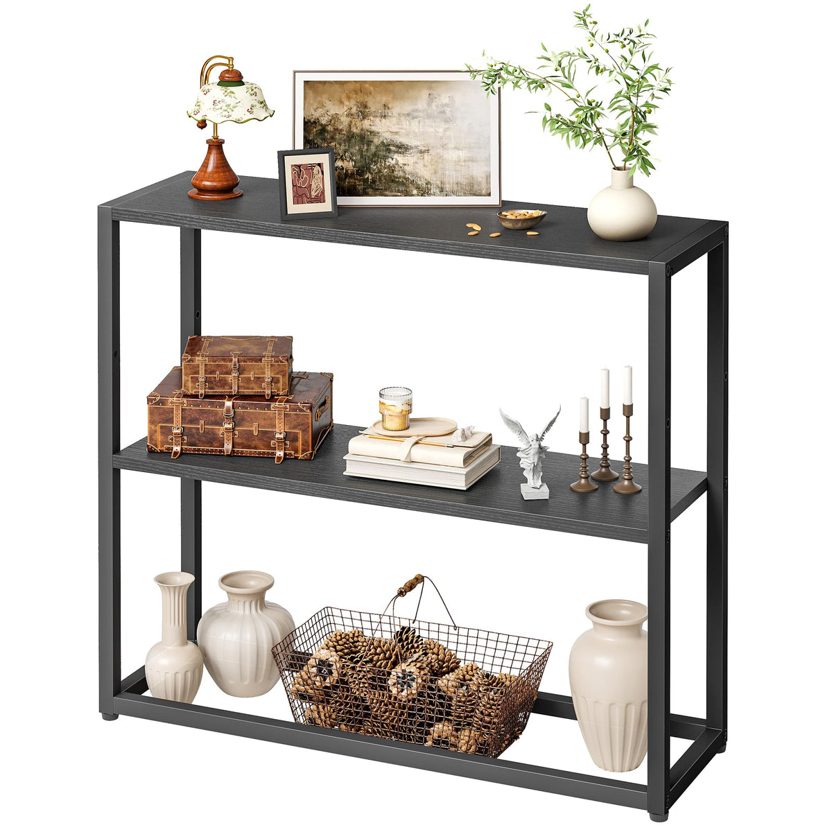 TIQLAB small entryway table front view with sleek black finish for hallways.