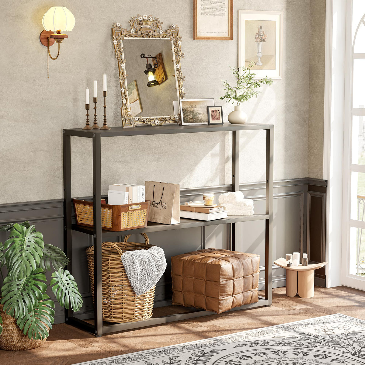 TIQLAB table with open shelves offers organized storage for books and decor.