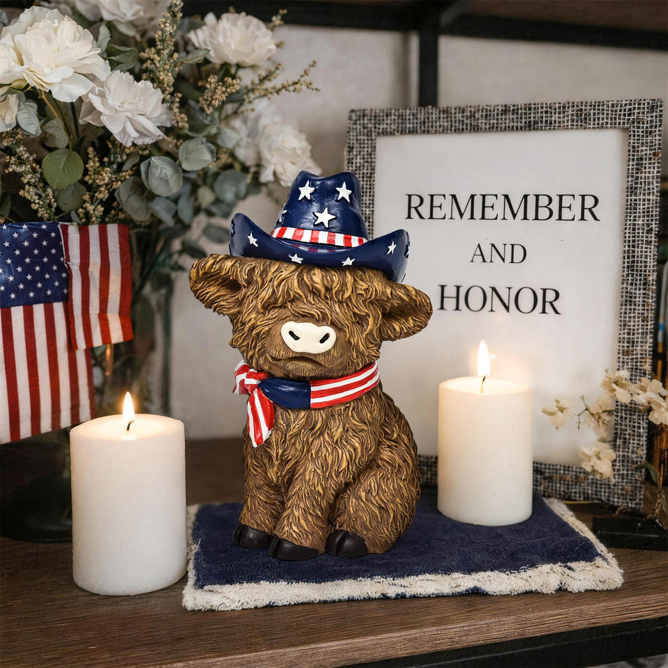 TISEJOY Highland Cow 8-inch patriotic statue for desk display and festive charm.