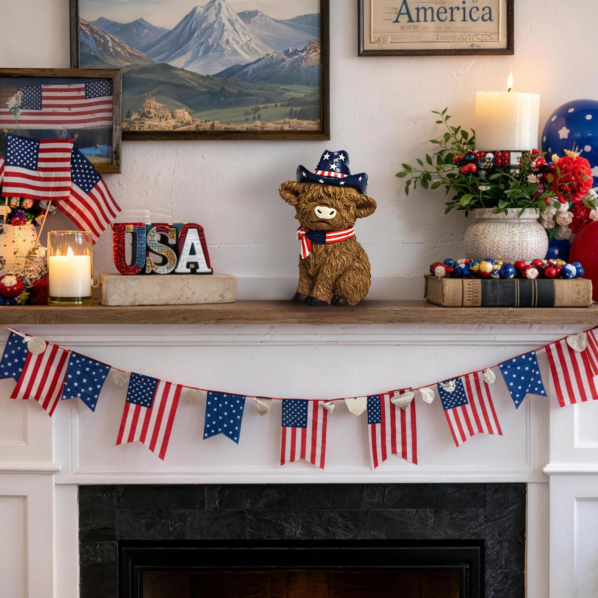 TISEJOY Highland Cow mantelpiece ornament with red white blue accents.