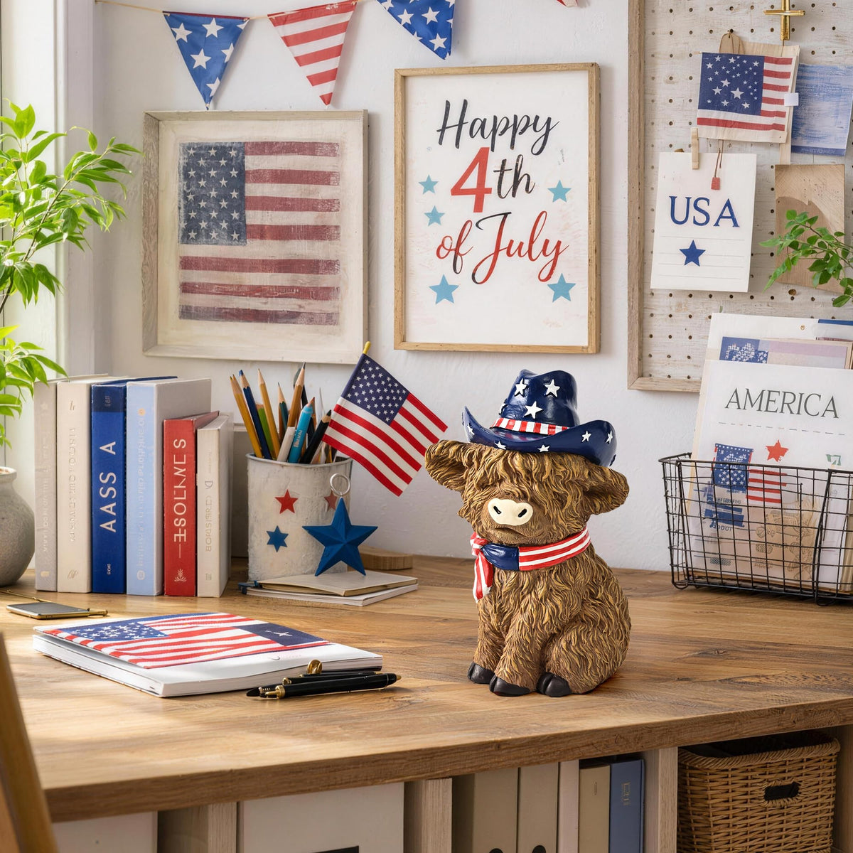 TISEJOY Highland Cow red white blue painted figure for holiday celebrations.