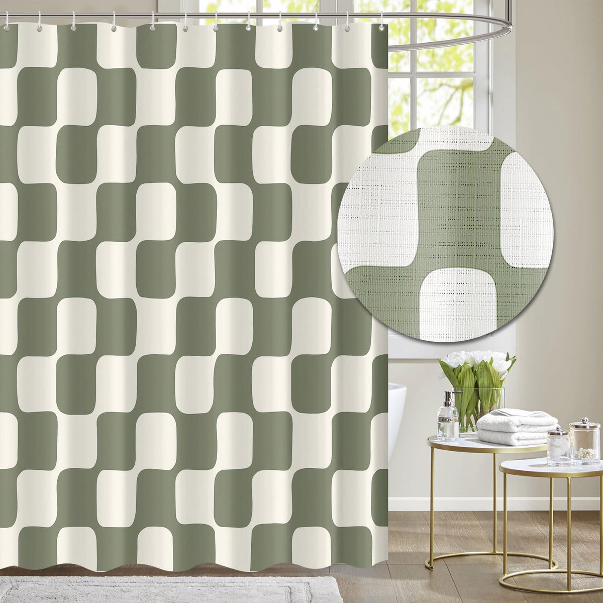Tititex retro checkerboard shower curtain in beige sage green adds mid-century charm.