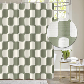 Tititex retro checkerboard shower curtain in beige sage green adds mid-century charm.