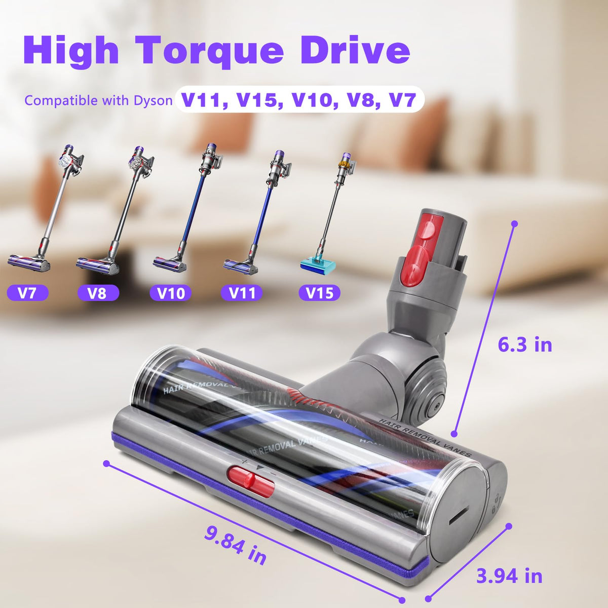 Tivcroxs high torque head in action on Dyson V10, strong suction for hard floors.