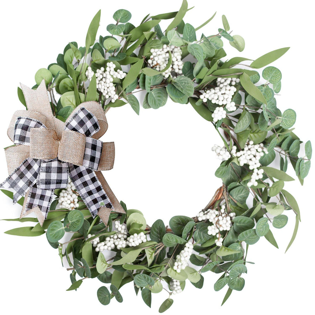 TIVMIK artificial eucalyptus wreath on front door boosts year-round curb appeal.