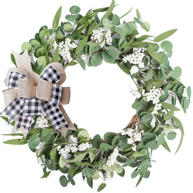 TIVMIK artificial eucalyptus wreath on front door boosts year-round curb appeal.