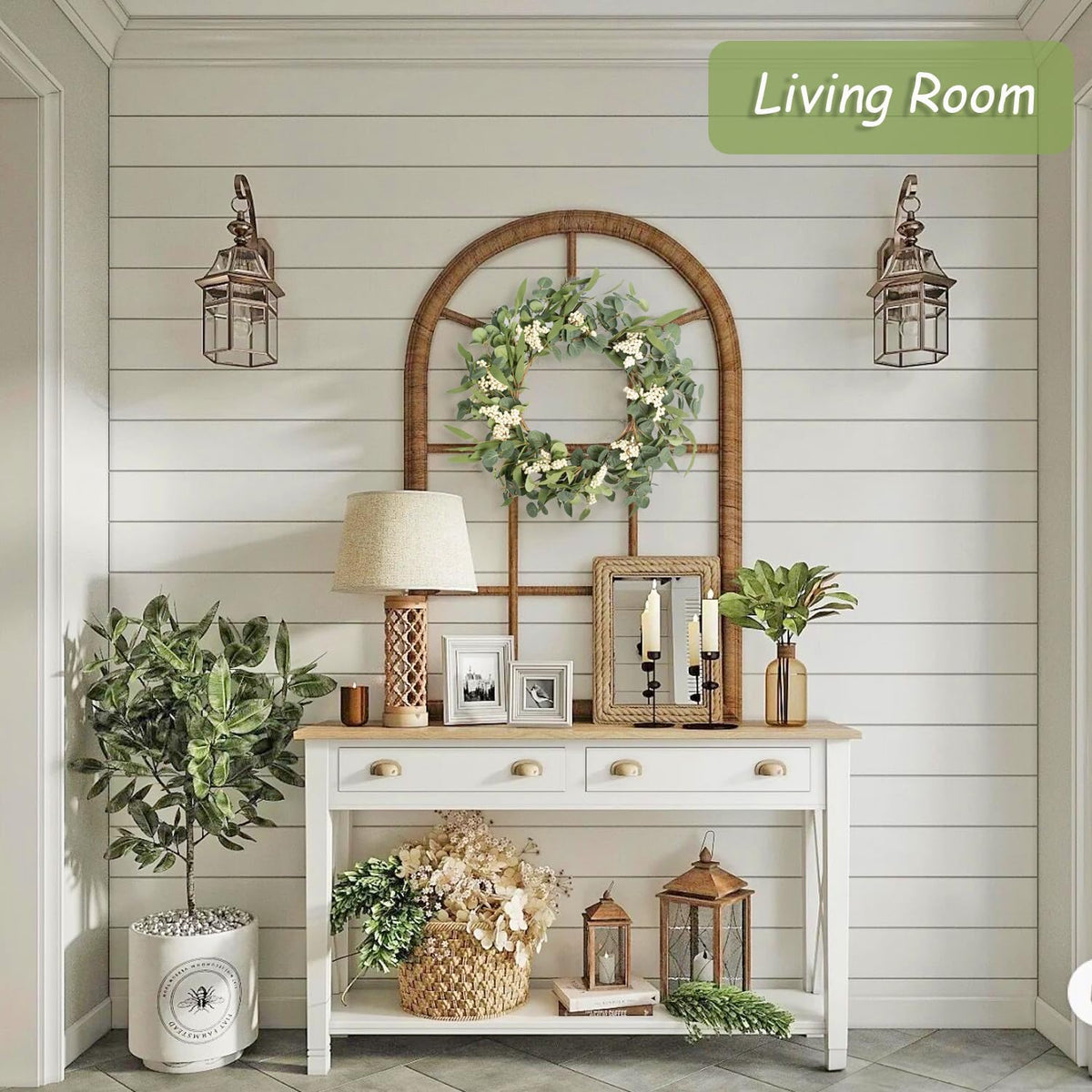 TIVMIK eucalyptus wreath on porch creates inviting farmhouse style.