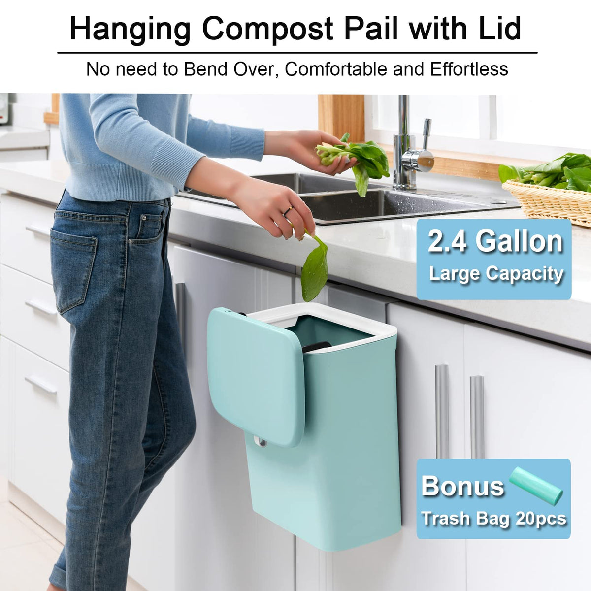 Tiyafuro blue-lid-closed compost bin showcases compact design for small kitchens