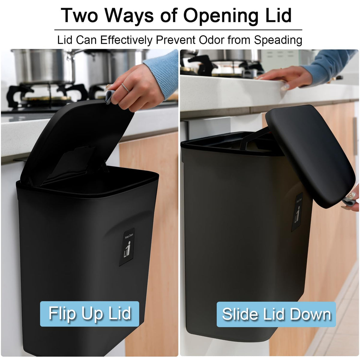 Tiyafuro compost bin mounted on cabinet door with mounting hooks