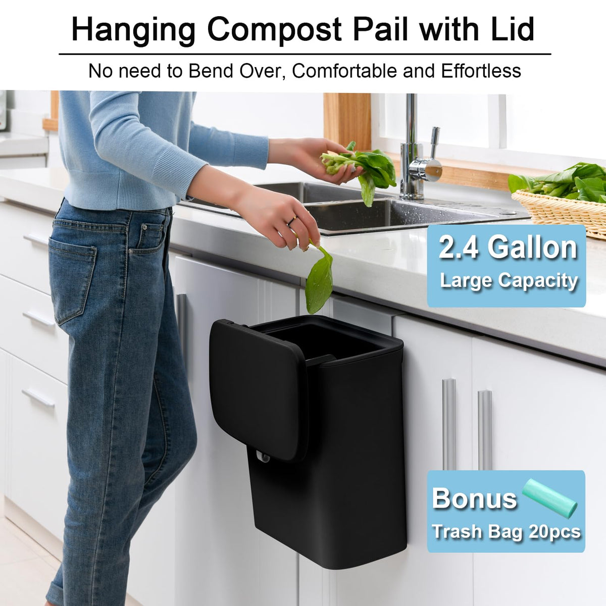 Tiyafuro compost bin side view showing smooth ABS plastic and easy cleaning