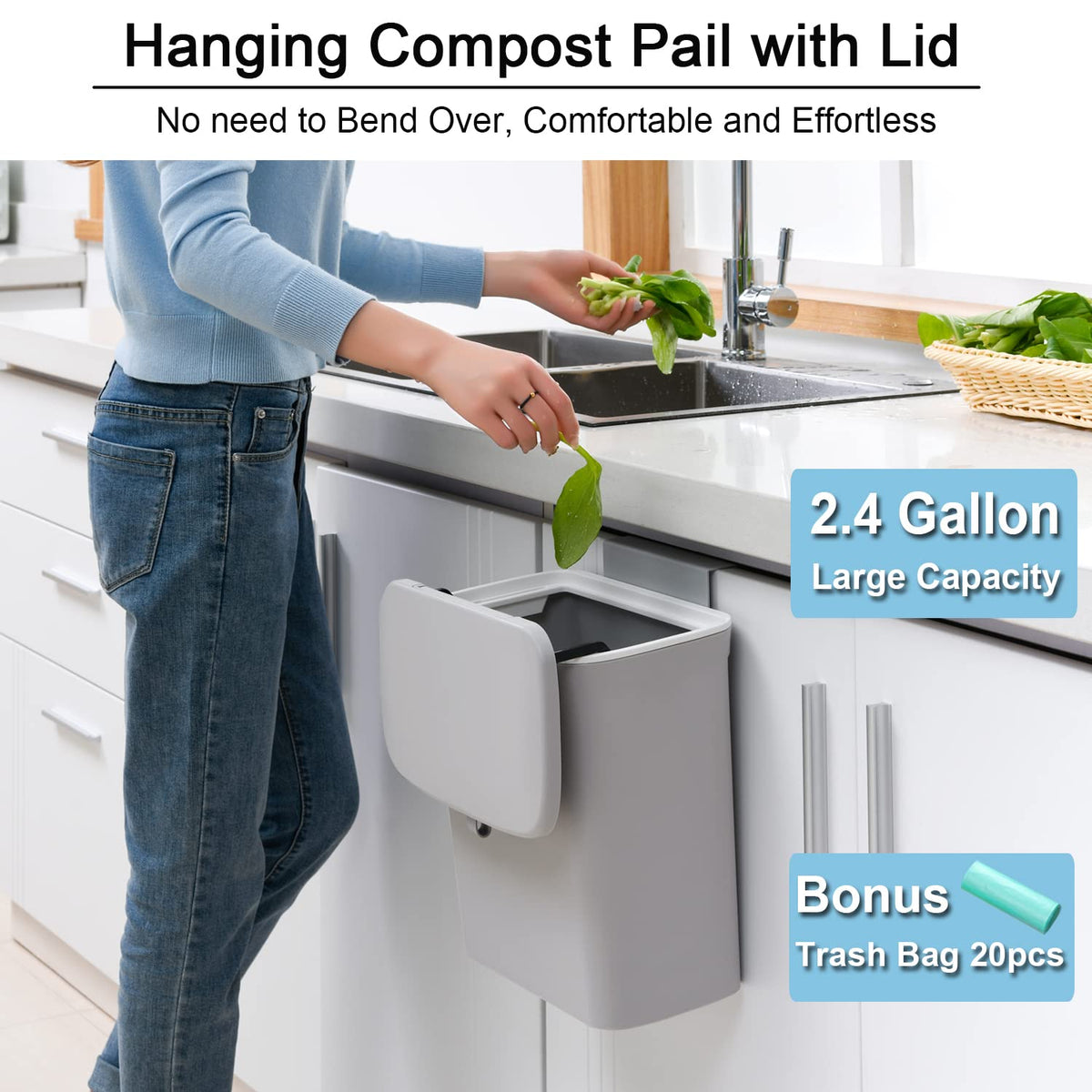 Tiyafuro wall-mount trash bin hangs neatly under cabinet for easy access.