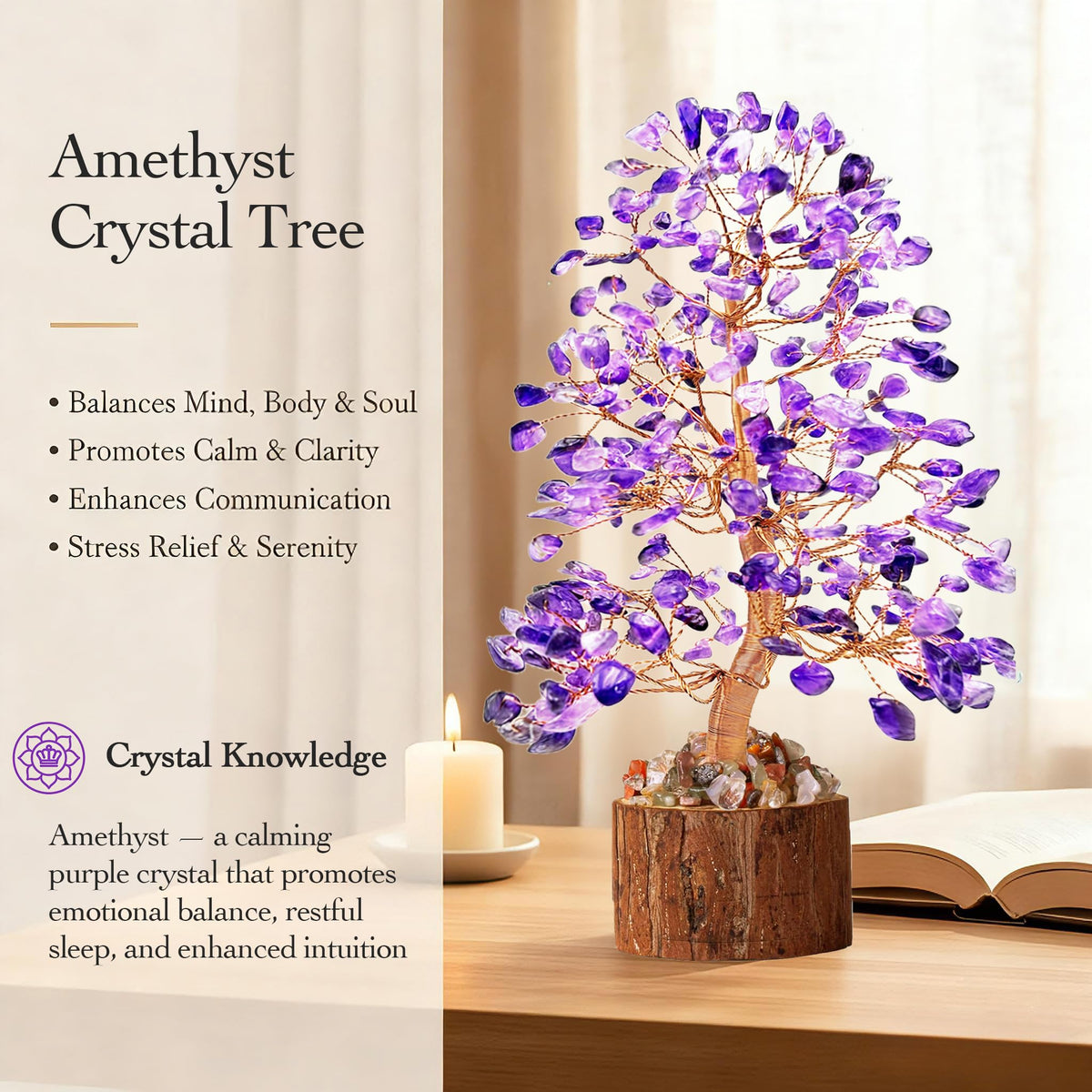 Tizzomx amethyst crystal tree base displaying natural wood support.