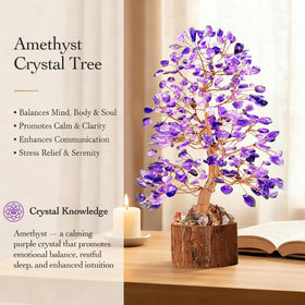 Tizzomx amethyst crystal tree base displaying natural wood support.