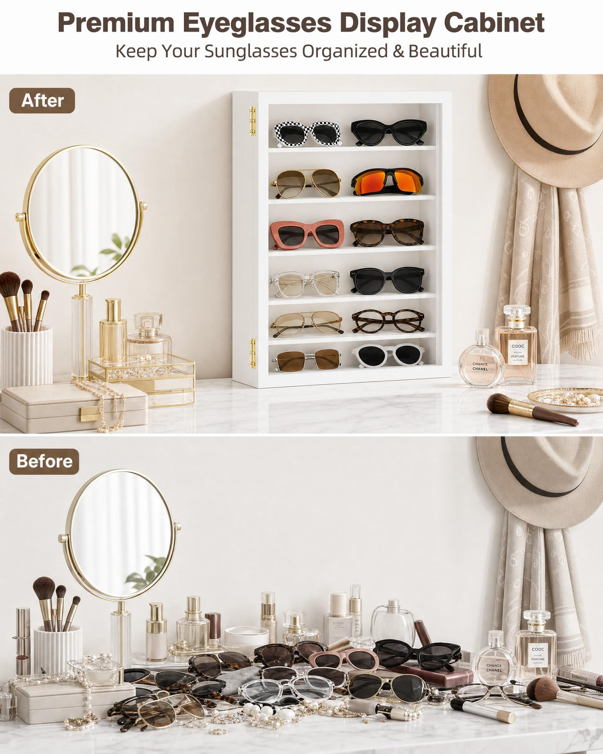 TJ.MOREE glass front display keeps glasses visible while protecting from dust.