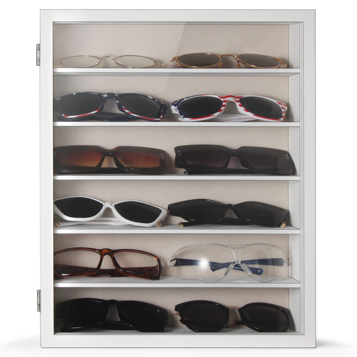 TJ.MOREE eyewear display case six tier rustic wood holds 12 to 14 pairs.