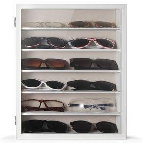 TJ.MOREE eyewear display case six tier rustic wood holds 12 to 14 pairs.
