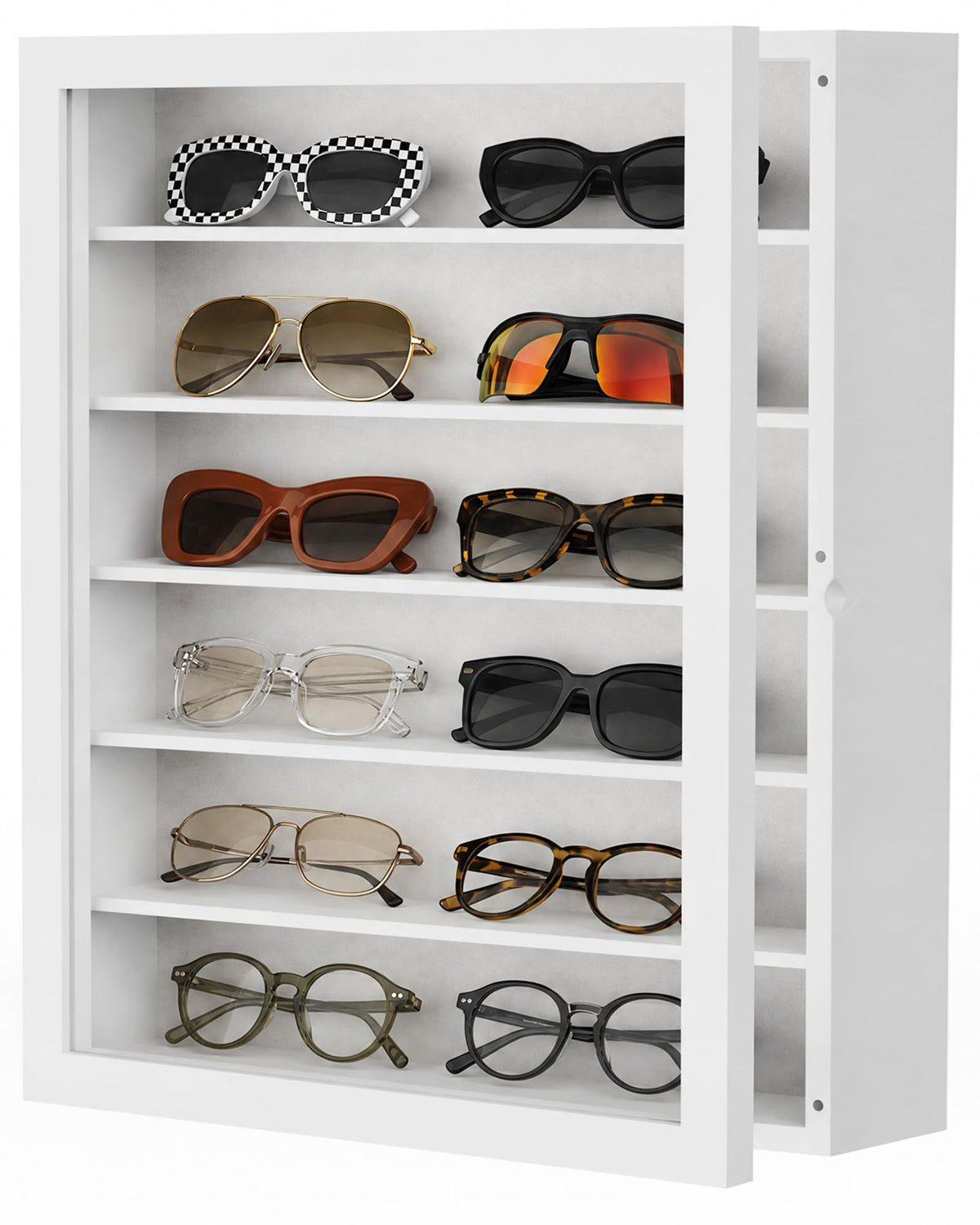 TJ.MOREE sunglasses organizer wall mounted front view for quick selection.