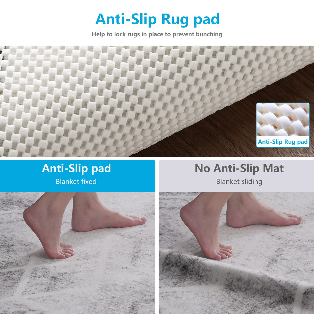 TJWODO rug pad on hardwood floor demonstrates secure grip.