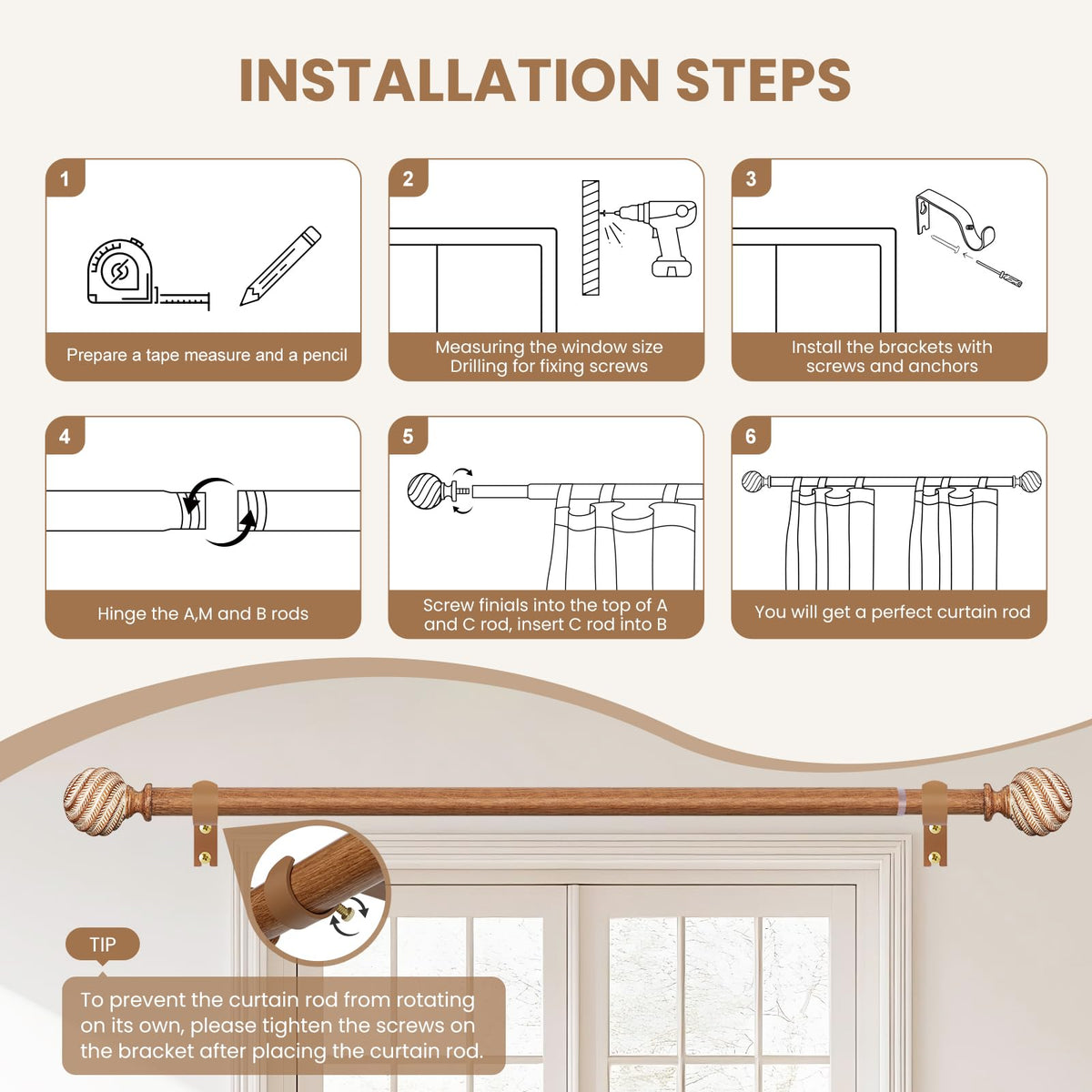 TKZTKZ curtain rod set includes brackets, screws, and anchors for quick install.