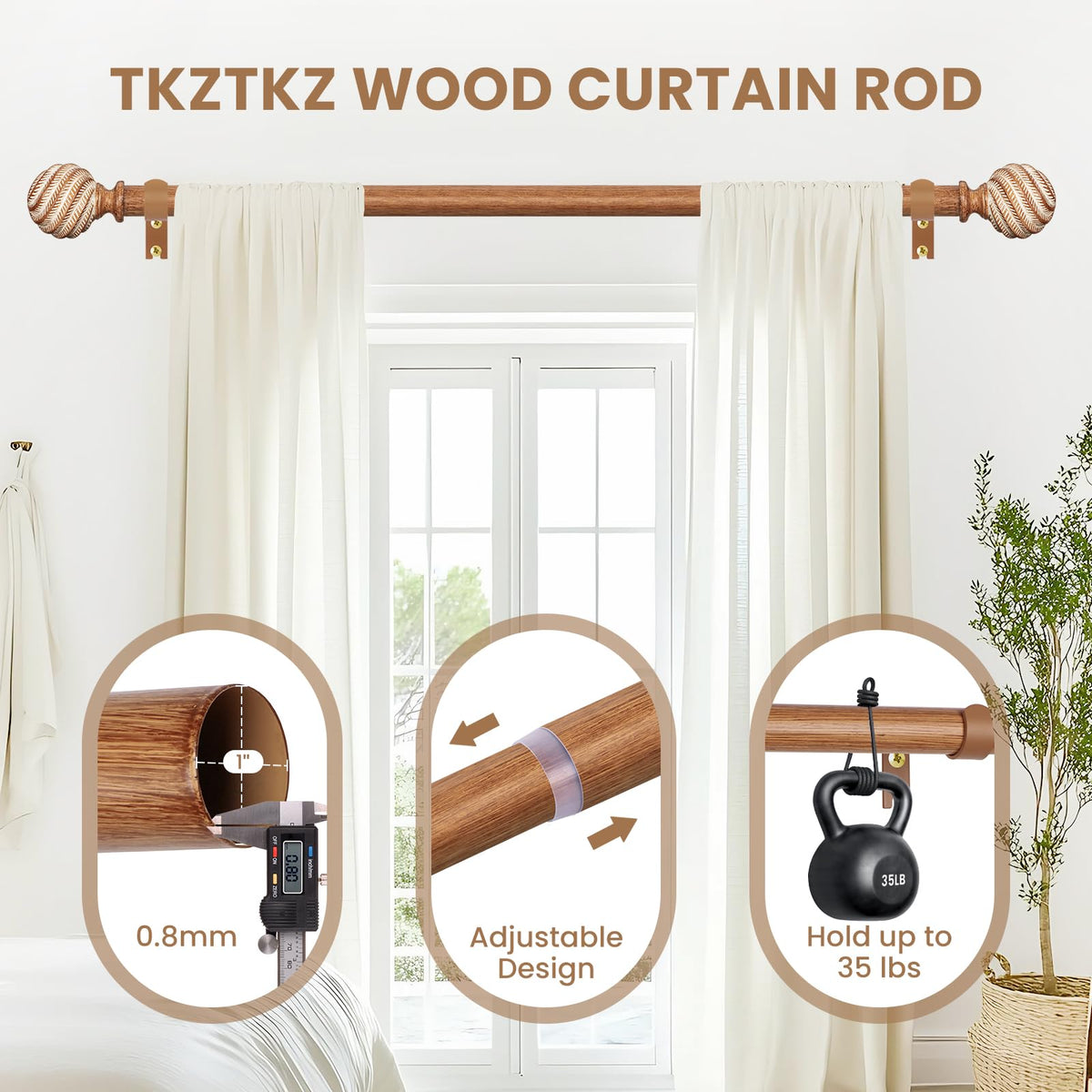 TKZTKZ adjustable-length wood curtain rod adapts to various window widths.