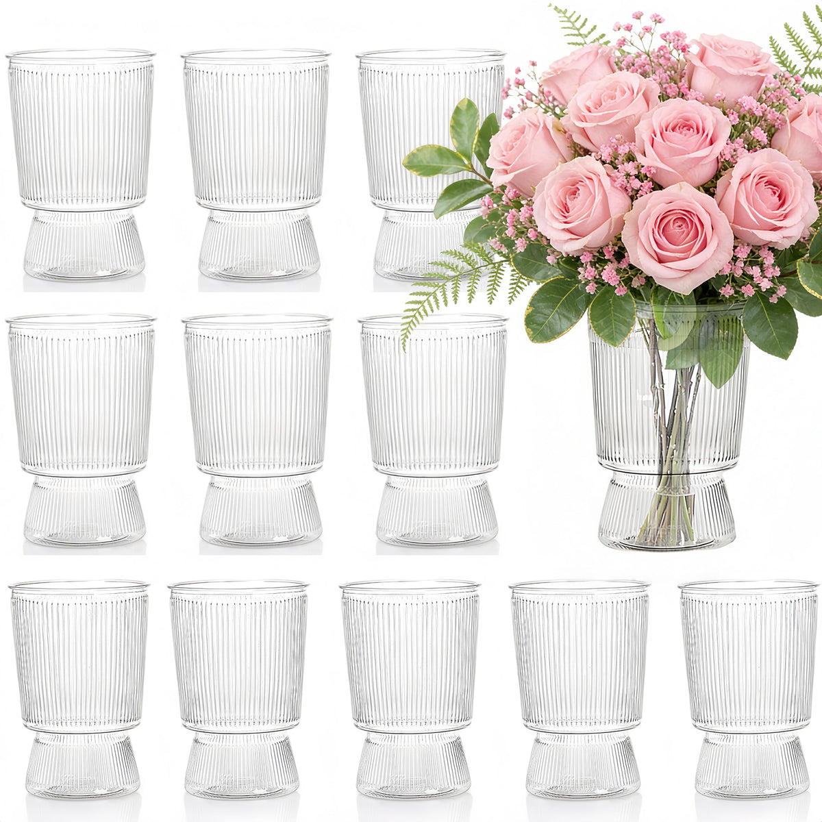 Tlence clear plastic ribbed vase with fluted design, ideal for elegant centerpieces