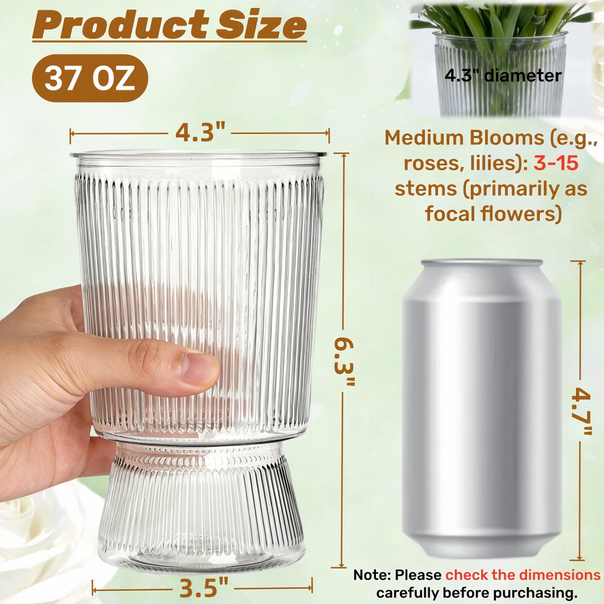 Tlence ribbed plastic vase with a sturdy base for stable arrangements