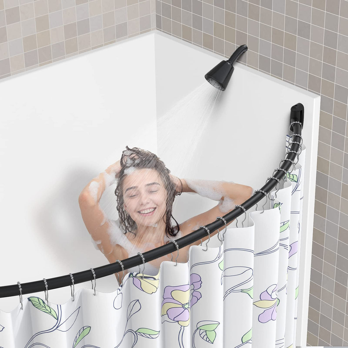 Tlooe curved rod more-space provides extra elbow room during showers.