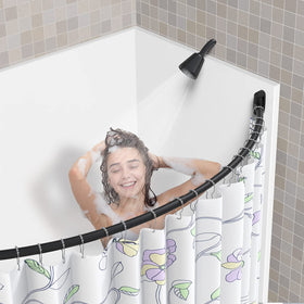 Tlooe curved rod more-space provides extra elbow room during showers.
