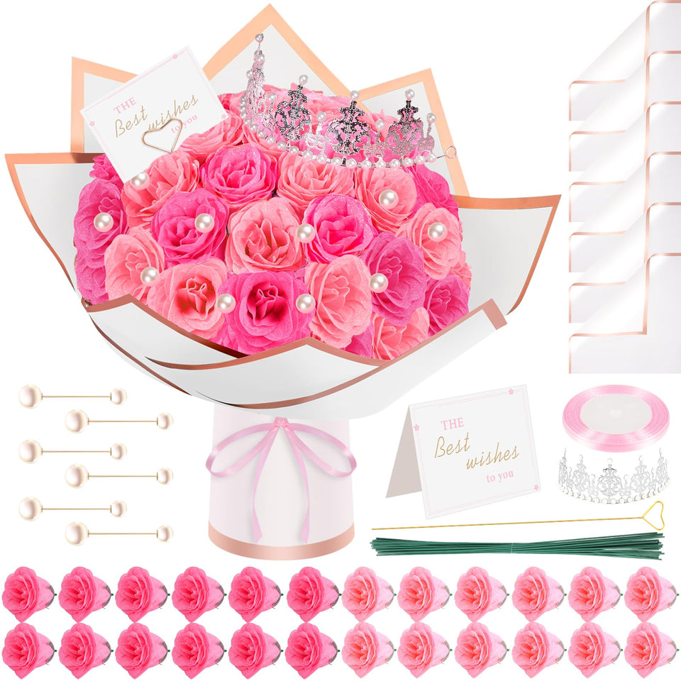 TLY Glitter Roses Bouquet front view highlights pink glitter roses for elegant decor.