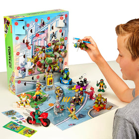 TMNT Holiday Countdown Calendar packaging illustration, ideal gift for fans and family fun.
