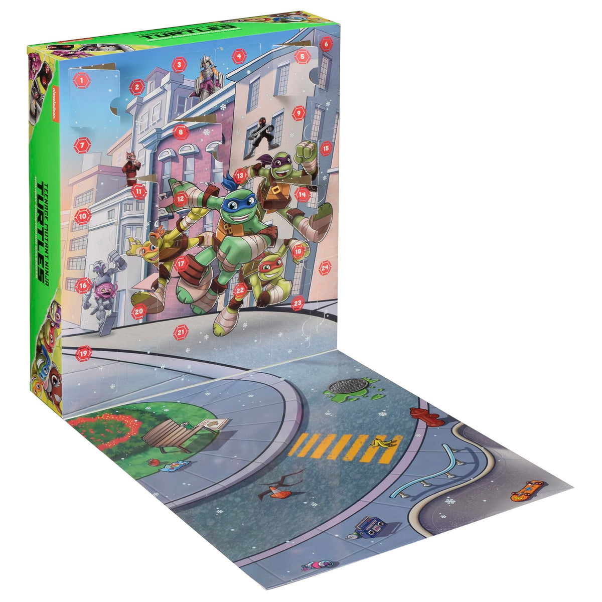 Illustrated TMNT team packaging showcases the lineup for display.
