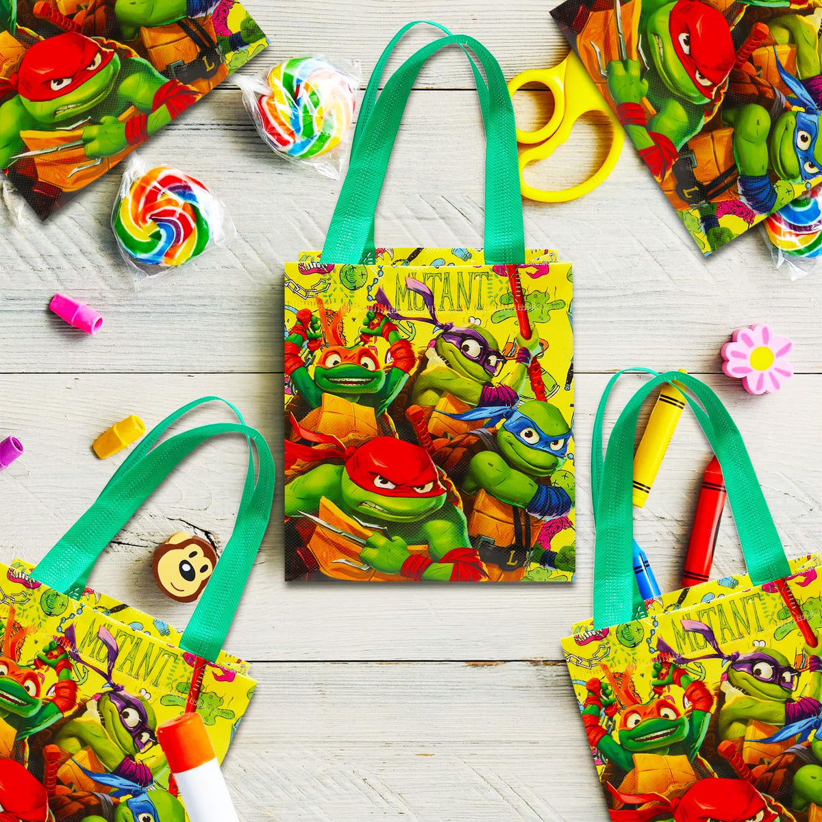 TMNT mini tote bag featuring Leonardo artwork, perfect for treat bags and kids' gifts.