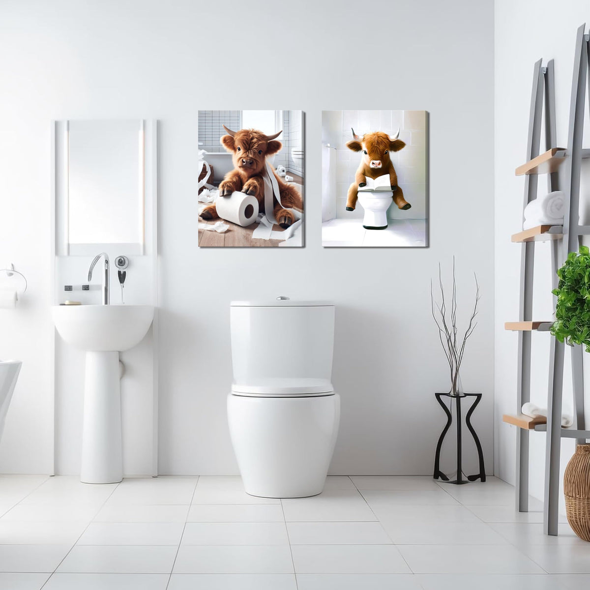 Tmvosn cow art prints enhance bathroom decor with cheerful farm vibes.