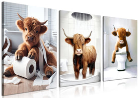 Tmvosn Highland cow wall art set adds playful rustic charm to bathrooms.