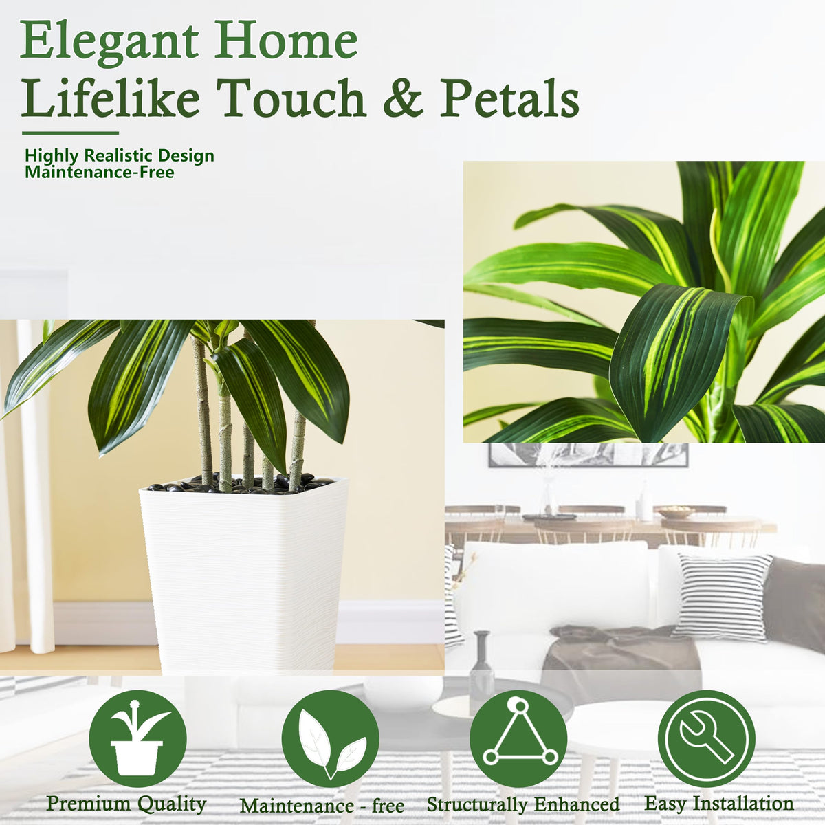 TNGGNT artificial dracaena tree decorative-pebbles, polished finish enhances display.