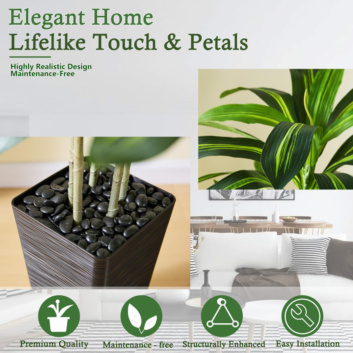 TNGGNT black planter with sturdy base keeps the tree stable in busy spaces.