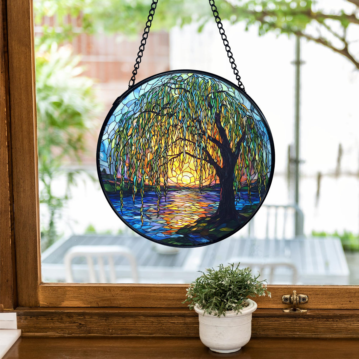 TNUW Willow Tree round stained glass catching sunlight beautifully