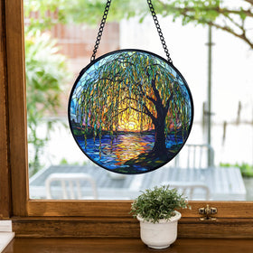 TNUW Willow Tree round stained glass catching sunlight beautifully