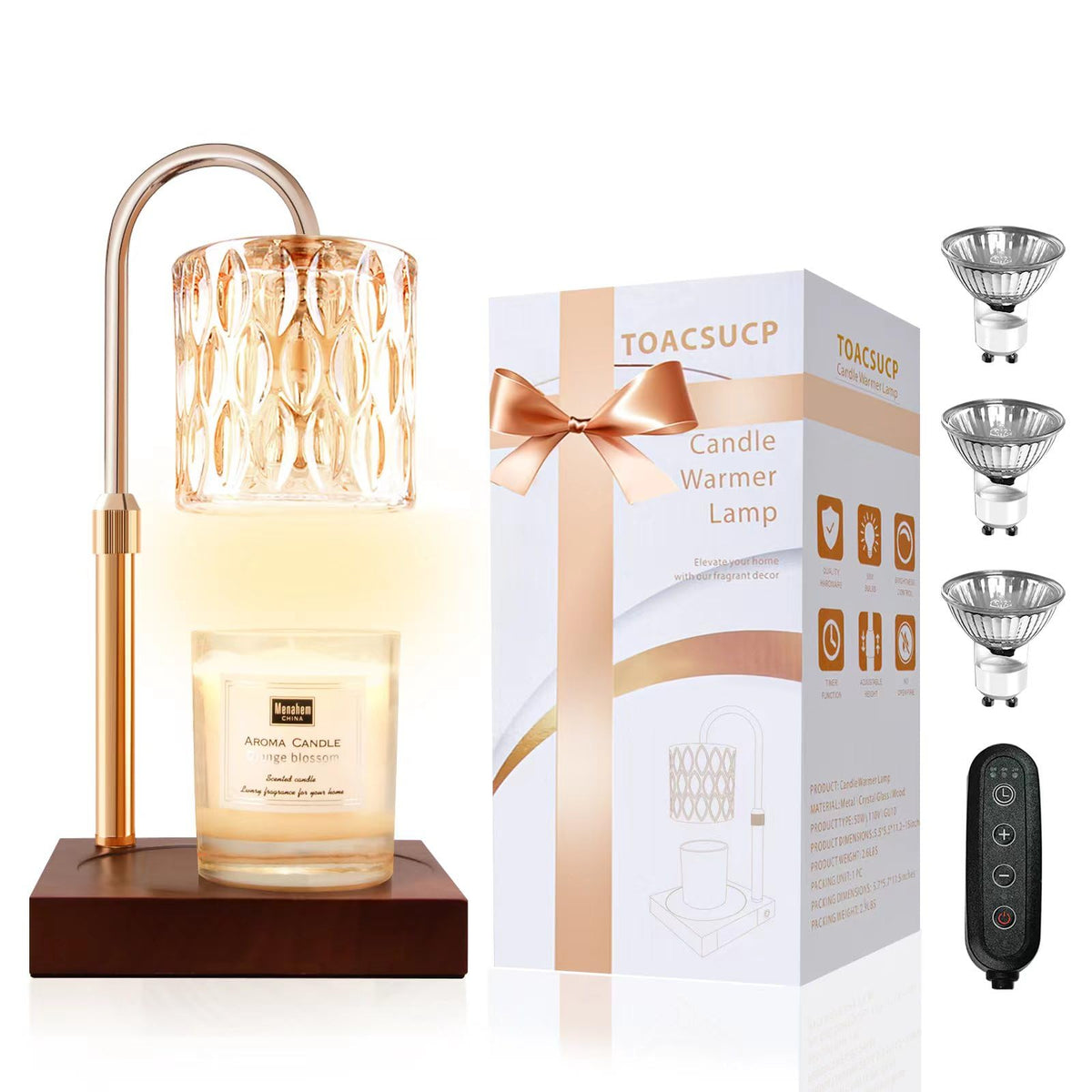 TOACSUCP candle warmer lamp with wooden base for flameless fragrance diffusion.