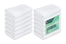 TOALLA white bath towels folded, highlighting plush softness for hotel-quality comfort.
