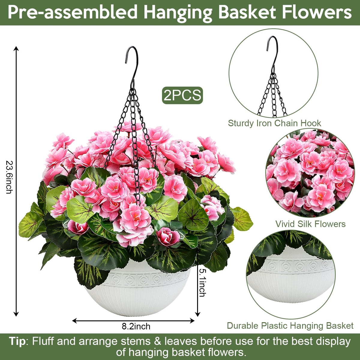 Tobilu pink hanging basket display for patio adds vibrant, low-maintenance charm.