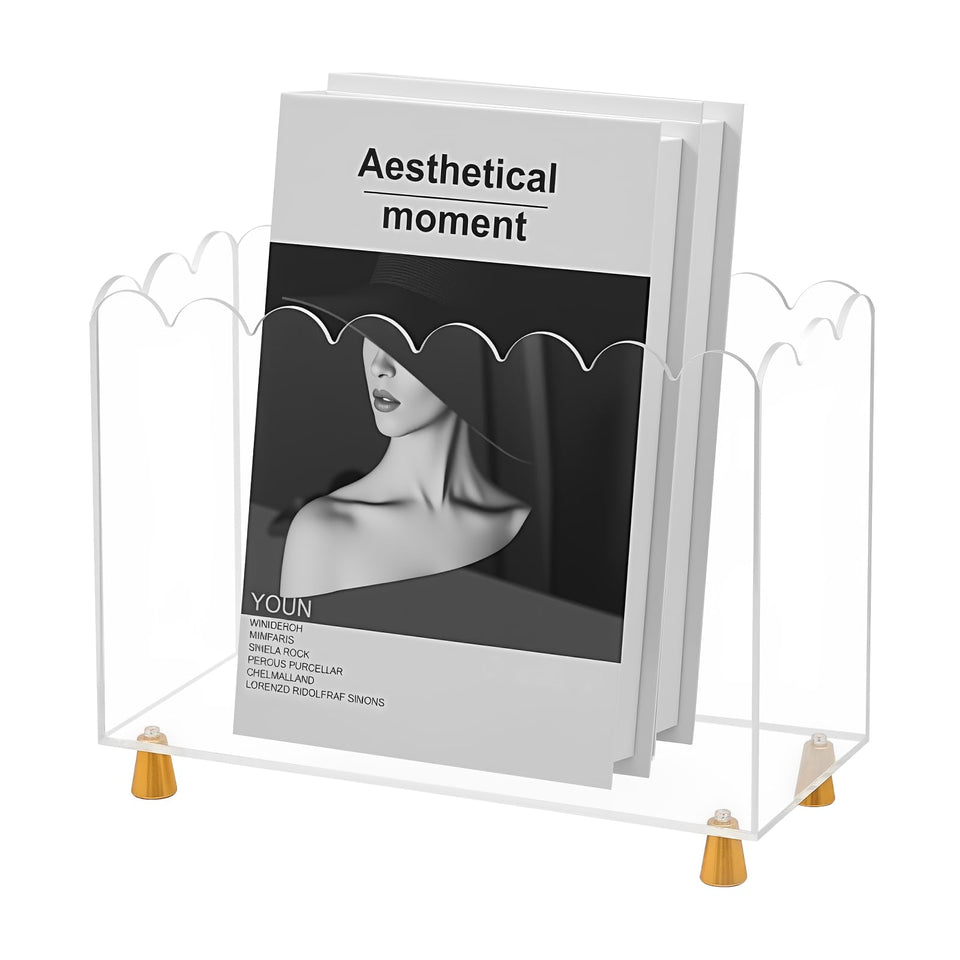 Tocemei acrylic magazine holder with wave-edge and gold feet keeps magazines neatly displayed.