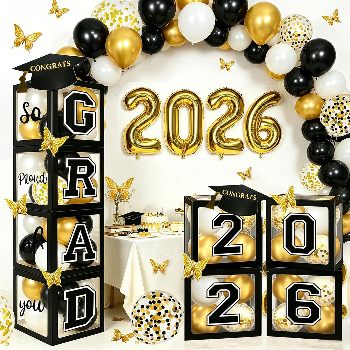TOCGAID four graduation boxes create a stylish backdrop for photos.